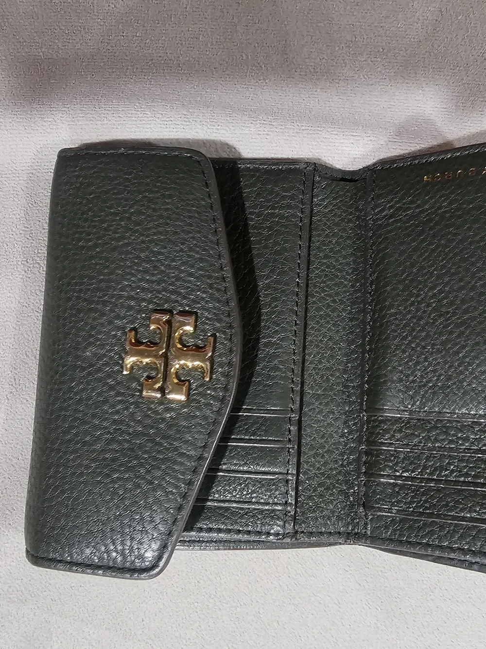 Tory Burch Dark Green Pebbled Leather Card Holder with Gold Logo